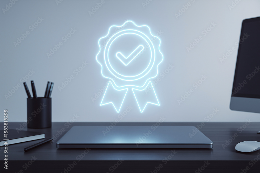 Poster digital quality assurance and approved content concepts shown on a modern office workspace with glow