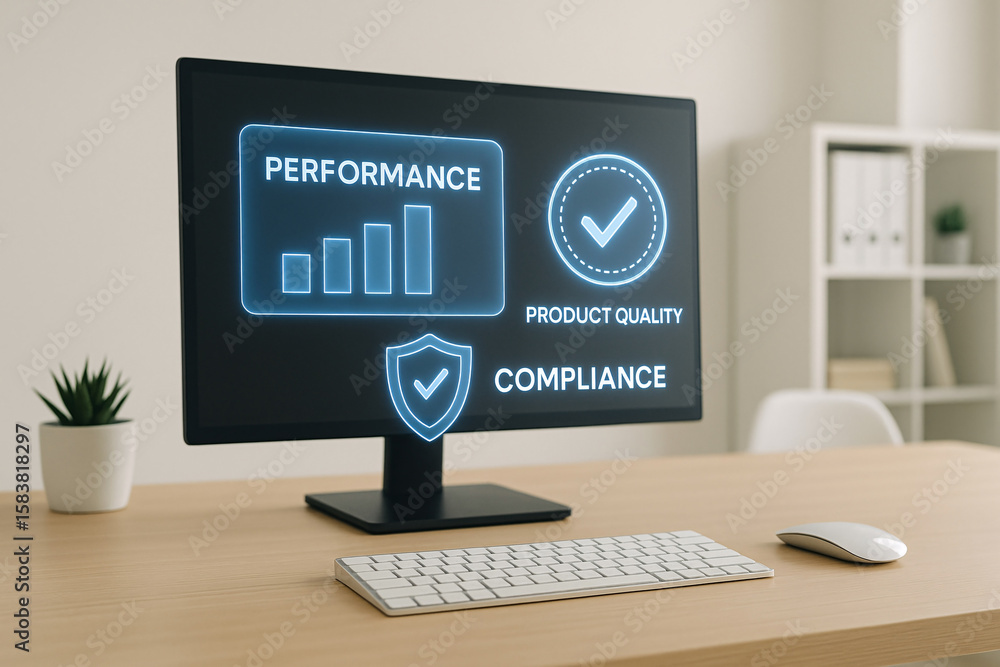 Poster digital performance product quality and compliance displayed on a computer screen on a wooden desk