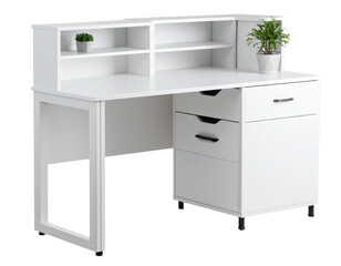 Contemporary White Corner Desk with Storage Shelves and Drawers, Isolated on Transparent Background