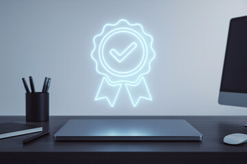 Digital quality assurance and approved content concepts shown on a modern office workspace with glowing symbol
