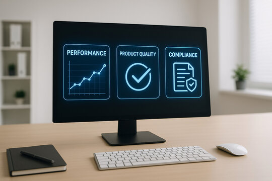 Digital display showcasing key business metrics performance product quality and compliance goals achievement progress