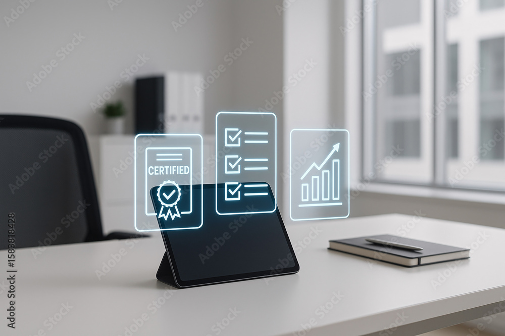 Poster digital tablet displaying business certification checklist and growth diagram on a modern office des