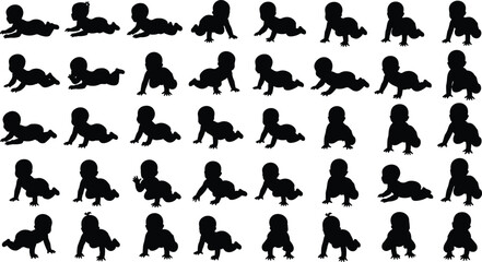 Set of crawling baby silhouettes, toddler crawling poses collection, baby movement vector icons, infant silhouette design, childcare, cute baby clipart