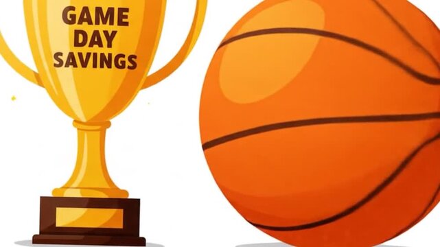Trophy and Basketball Graphic Celebrating Game Day Savings