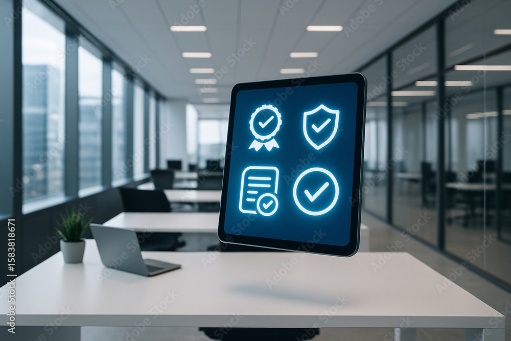 Poster digital tablet displaying quality assurance icons in a modern office environment representing certif