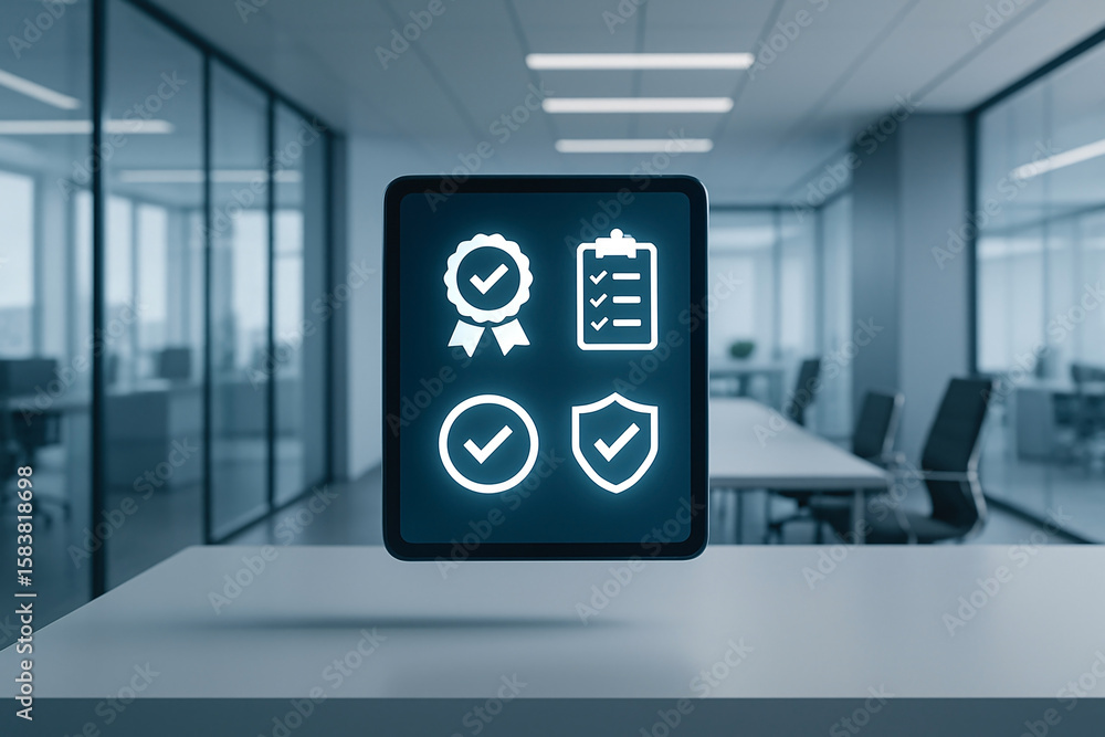 Poster digital tablet displaying quality assurance icons in modern office environment representing approval