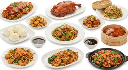Assorted chinese dishes on white background plates