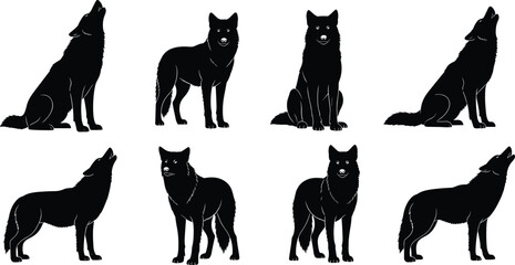 Set of black wolf silhouettes in various howling and standing poses, wildlife vector illustration for forest animal themed designs