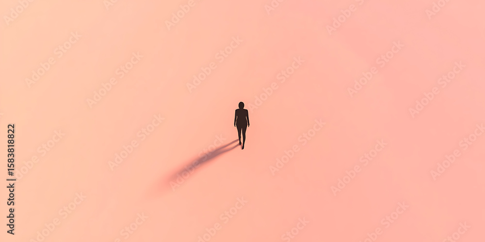 Poster silhouette of a figure walking on a pink surface. minimalist aesthetic with emphasis on shadow and s
