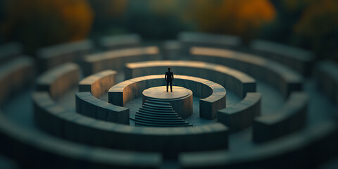 A solitary figure stands atop a labyrinth, symbolizing choices and challenges. Find your path and overcome obstacles. The journey matters most.