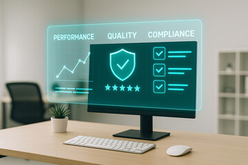 Modern office computer screen showing performance quality and compliance metrics with a shield icon and check marks