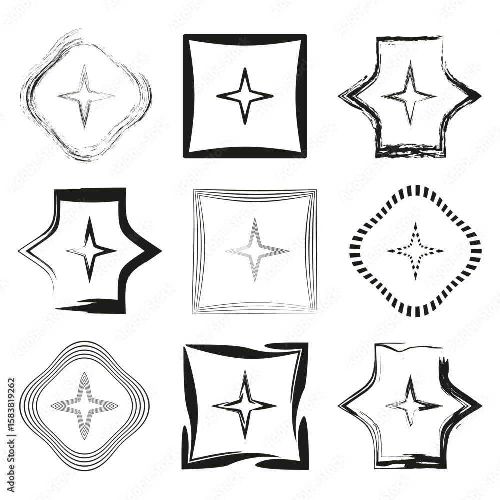 Poster abstract shapes vector. grunge square elements. distorted outline forms. black white texture