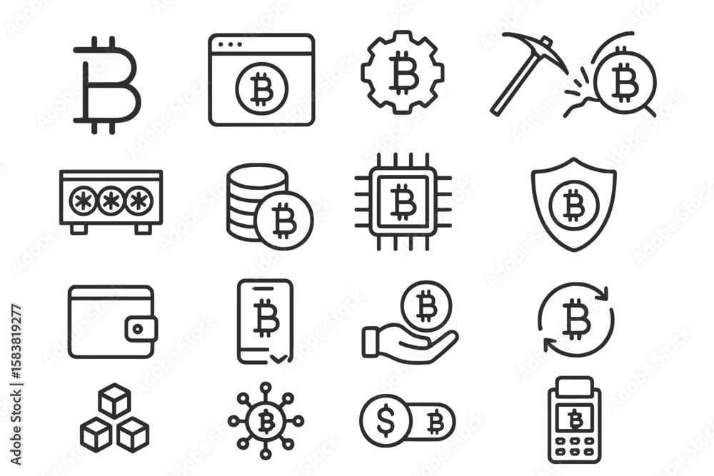 Poster cryptocurrency and bitcoin line icon set. vector symbols for blockchain, crypto mining, digital curr