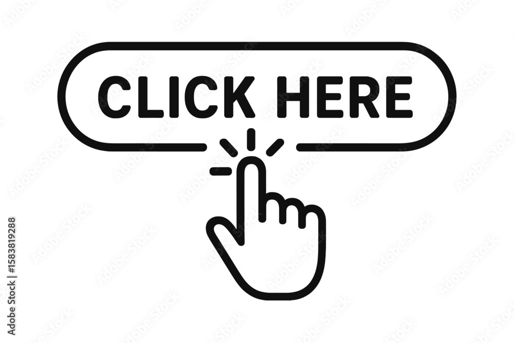 Poster Click cursor set button with hand pointer clicking. Click here web button sign. Isolated website buy or register bar icon with hand finger arrow clicking cursor.