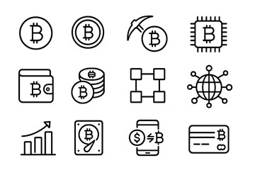 Bitcoin and cryptocurrency line icon collection. Blockchain technology, crypto mining, digital wallet, electronic cash, financial transaction, and fintech vector pictograms.