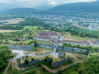 Aerial view of Fort Barraux above the Isere valley in France, star shaped fortress with bastions,...