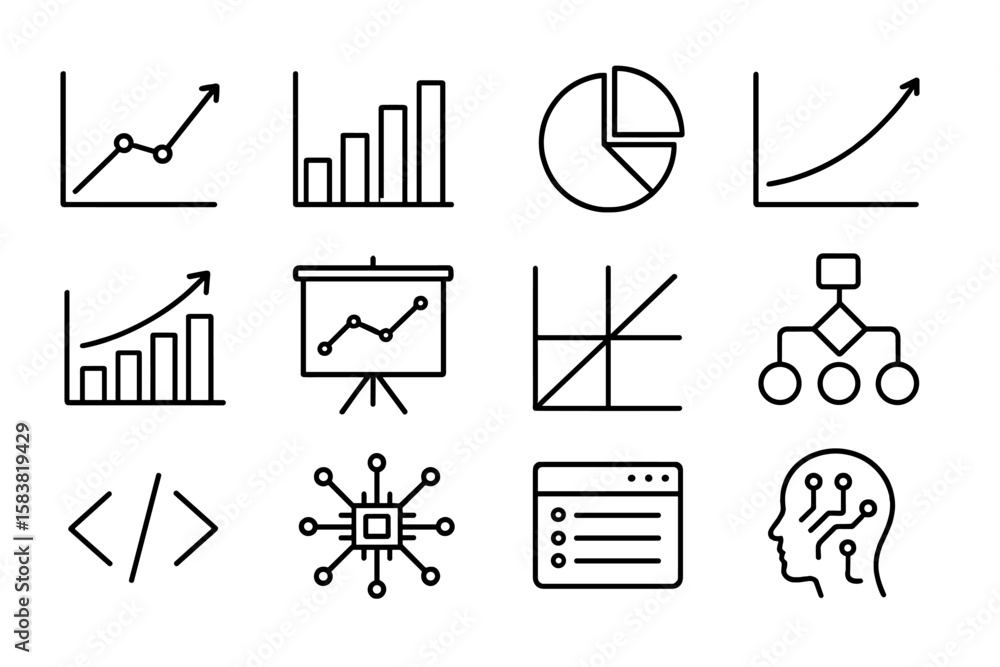 Poster business data analytics and finance report line icon set. vector outline icons for presentation, sta
