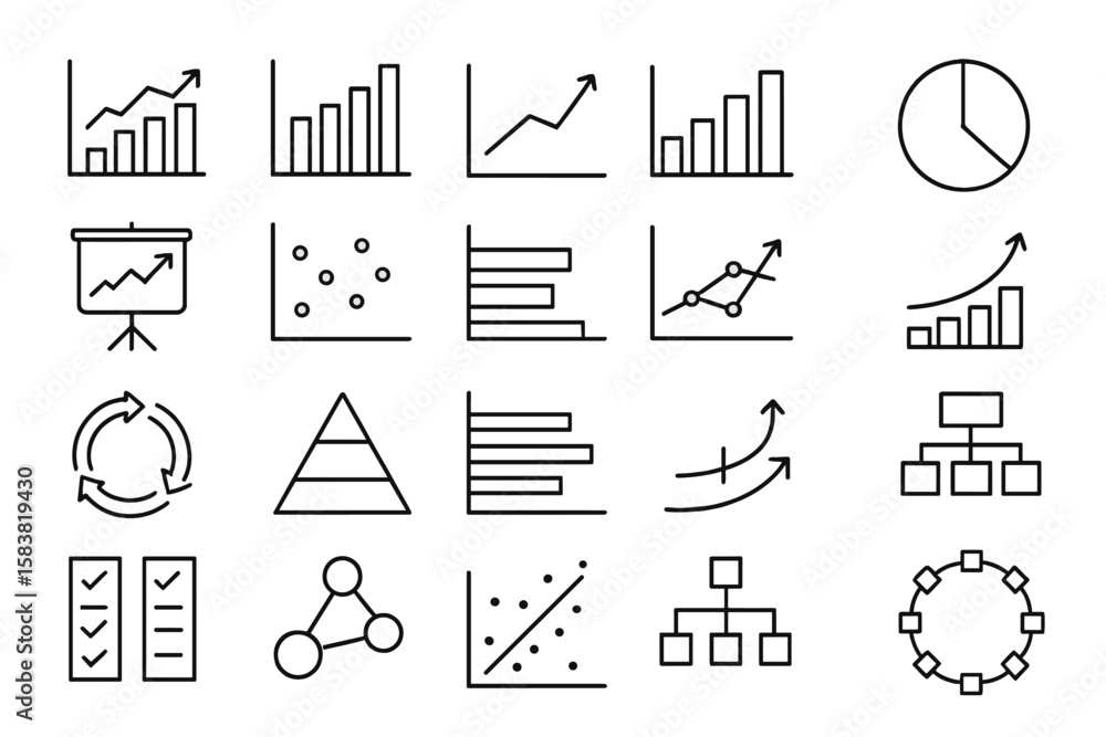 Poster graph, chart and diagram line icon set. data visualization and analytics symbols. financial statisti