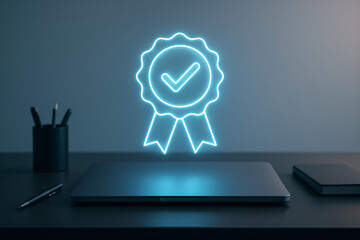 Quality assurance concept with neon badge symbolizing approval verification and validation for business excellence on a modern workspace