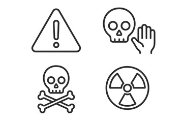Hazard and danger linear icons set. Warning, risk, and life-threatening symbols. Toxic, poison, skull and crossbones, radioactive, and radiation attention signs.