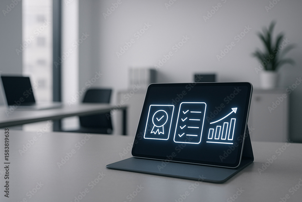 Poster tablet displaying business icons representing quality assurance checklist and growth in a modern off