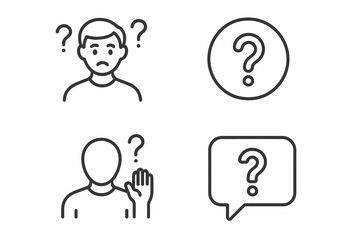 Minimalist Outline Question Mark Icon Set – Confusion, Problem Solving, Inquiry, Curiosity, Asking, Communication, Editable Stroke, Modern Pictogram Collection, Vector Illustration
