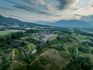 Aerial view of Fort Barraux above the Isere valley in France, star shaped fortress with bastions,...