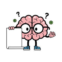 Confused Brain Cartoon Character – Flat Vector Illustration of Brain Holding Upside-Down Candlestick Chart, Wearing Glasses and Sneakers with Floating Question Marks on Clean White Background