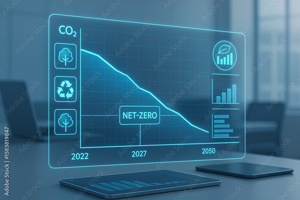 Poster visual representation of co2 emission reduction aiming for net zero target by 2050 depicted through 
