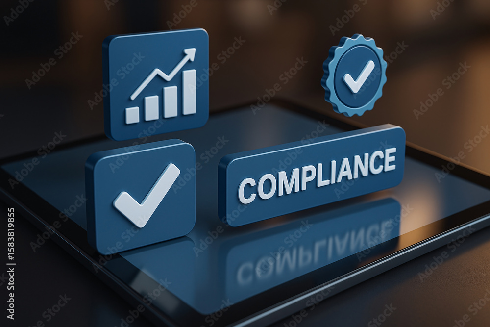 Aufkleber visual representation of compliance concepts featuring checkmarks and growth charts on a digital tab