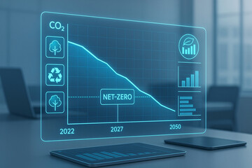 Visual representation of co2 emission reduction aiming for net zero target by 2050 depicted through a futuristic digital interface