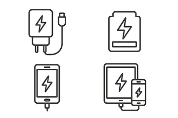Charging Devices Line Icons Set. Linear Style Power Adapter, Battery, Smartphone, Tablet Charging Symbols. Outline Vector Collection for Infographic, Mobile, Electronics, Technology, Editable Stroke
