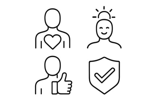 Core Values and Positive Personal Qualities Line Icons Set – Empathy, Integrity, Optimism, Trustworthiness, Character Traits, Minimal Linear Style, Transparent Background, Vector Illustration