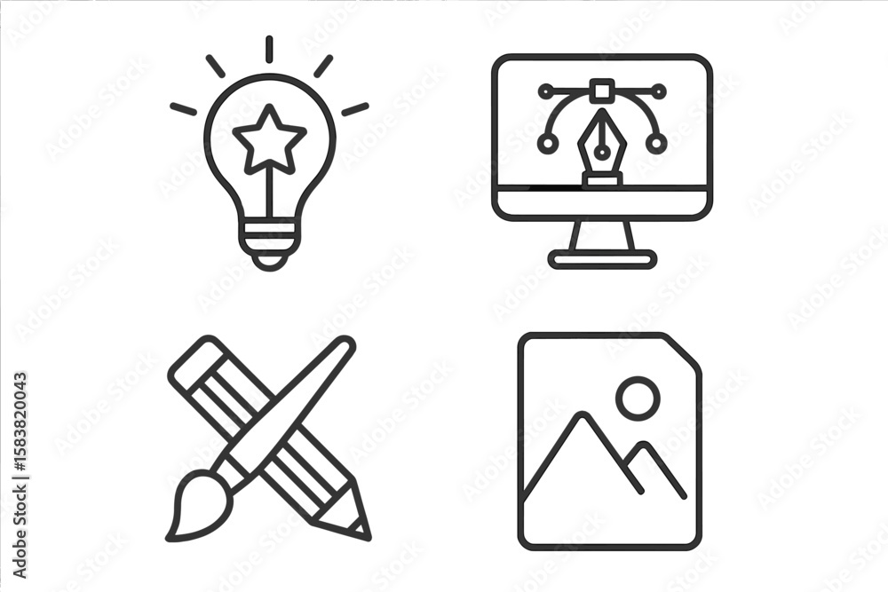Fototapete Set of 4 Linear Outline Icons for Graphic Design and Creativity Concepts – Light Bulb Idea, Digital Art Tools, Pencil and Brush, Image File Symbol – Modern Minimal Vector Collection