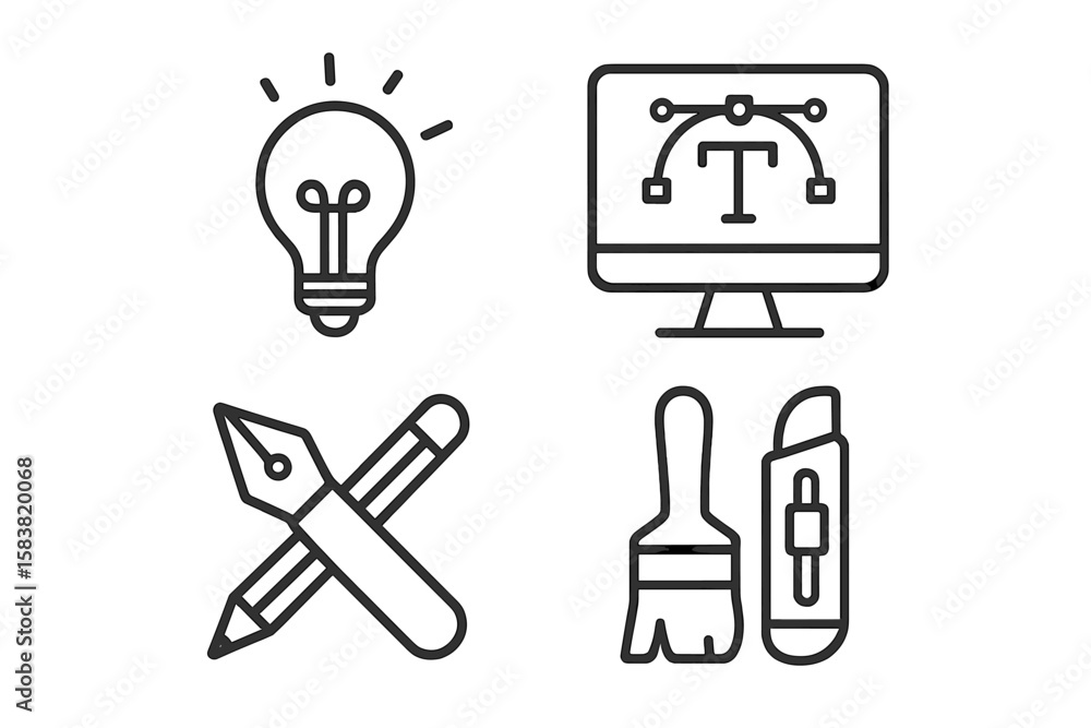 Poster set of 4 linear style graphic design icons – creative idea, digital art tools, software interface, p