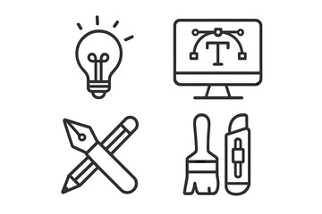 Set of 4 Linear Style Graphic Design Icons – Creative Idea, Digital Art Tools, Software Interface, Pencil and Pen, Paint Brush, Outline Concept Collection