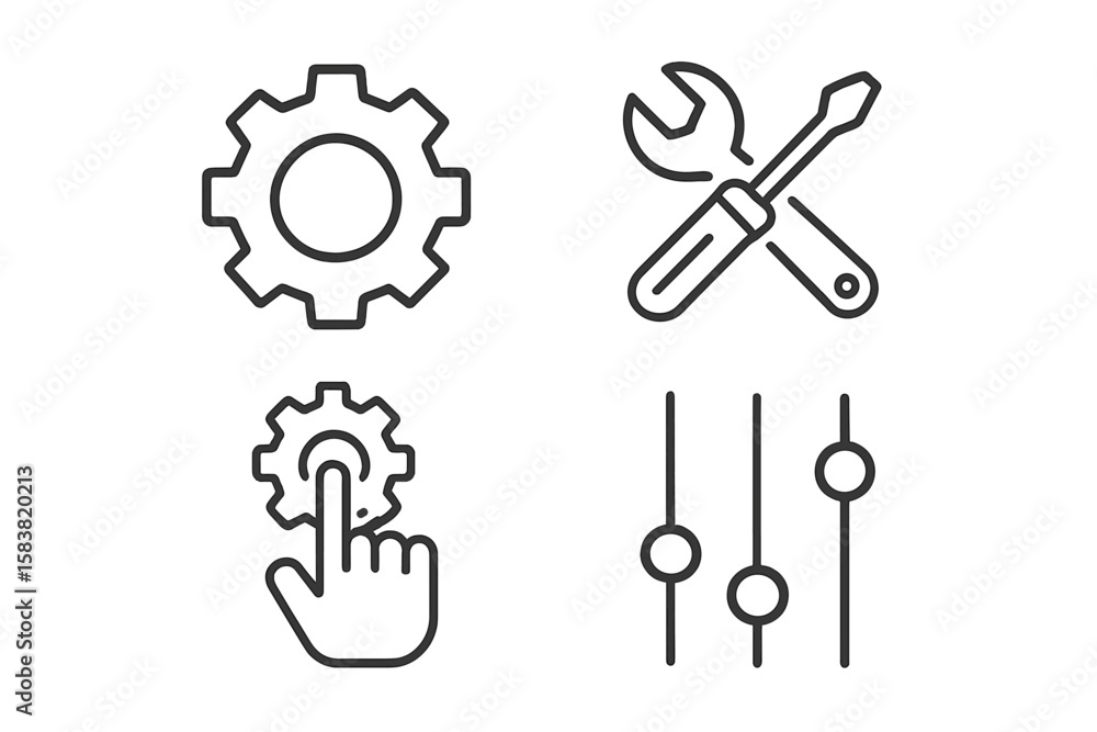 Poster settings and setup line icons collection. gear, tools, adjustment, control, installation, regulation