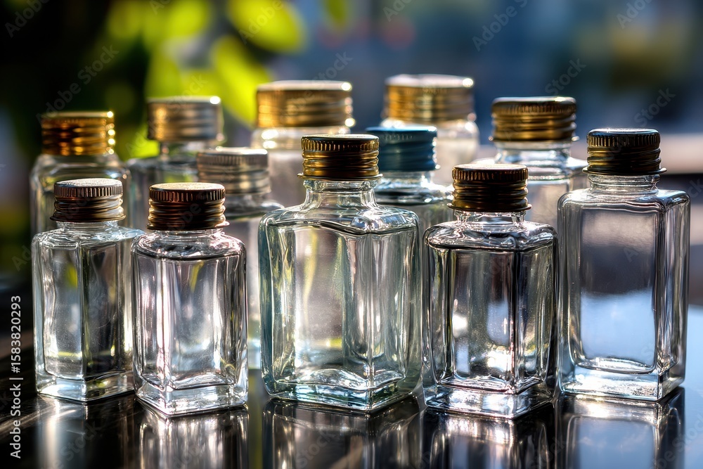 Poster collection of clear glass bottles and jars with metallic caps arranged on a surface, illuminated by 