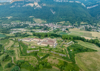 Aerial view of Fort Barraux above the Isere valley in France, star shaped fortress with bastions,...