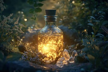 Magical glass bottle glowing in a serene forest setting during twilight hours
