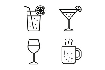 Modern Linear Drink Icons Collection – Lemonade, Cocktail, Wine, Hot Beverage, Cold and Carbonated, Alcoholic and Non-Alcoholic Drinks, Minimalist Outline Vector Set