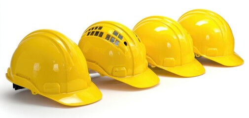 The collection of yellow hard hats showcasing construction safety equipment.