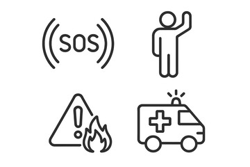 Emergency and Rescue Line Icons Set – SOS Signal, Person Waving for Help, Fire Hazard Warning, Ambulance Outline – Disaster, Accident, Incident, Safety, First Aid, Alert, Linear Style