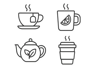 Tea and Hot Drink Line Icons Set – Minimalist Linear Style Collection Featuring Teacup, Mug with Lemon, Teapot with Leaf, and Takeaway Cup – Outline Pictograms for Beverage Infographics and Menus