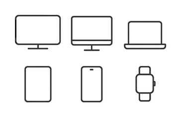 Set of Technology Line Icons: TV, Monitor, Computer, Laptop, Tablet, Smartphone, Smartwatch – Minimalist Outline Electronics Device Mockups, Simple Isolated Digital Gadgets