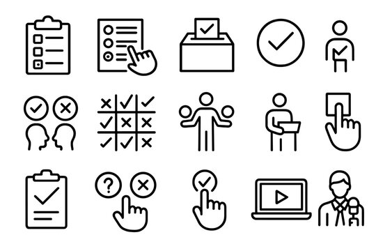 Survey and Voting Line Icon Set. Poll, Voting, Questionnaire, Election Ballot, Checklist, Checkmark, Choice, Decision Making, Online Survey, Polling Station, Outline Vector Icons Collection