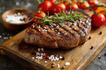 Sizzling grilled beef steak garnished with herbs and spices served on a rustic wooden board with fresh cherry tomatoes alongside