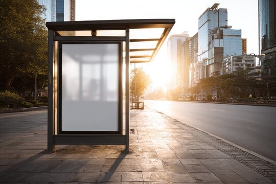 Bus stop shelter stands empty during early morning hours in a bustling urban area with clear skies and bright sunlight illuminating the surroundings