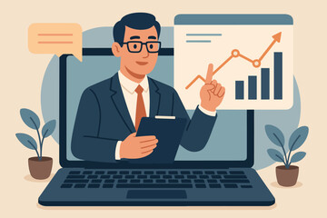 Business consultant advisor on laptop giving online presentation. Man with expertise in marketing strategy and data analysis. Financial growth chart. Conference call vector.
