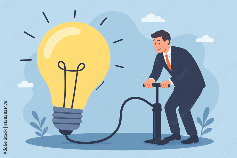 Poster idea creation concept. businessman pumping up a lightbulb. creativity and innovation metaphor. busin